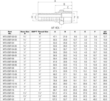 1/4" BSPT HEX MALE x 3/16 HYDRAULIC HOSETAIL-MTS-25BT-04-03 - Custom Fittings