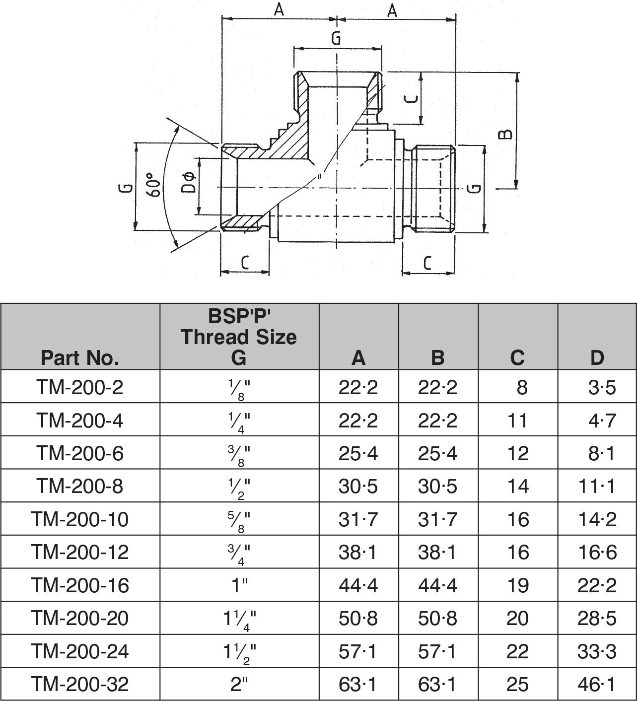 1" BSPP CONE SEAT ALL MALE EQUAL TEE-TM-200-16 - Custom Fittings