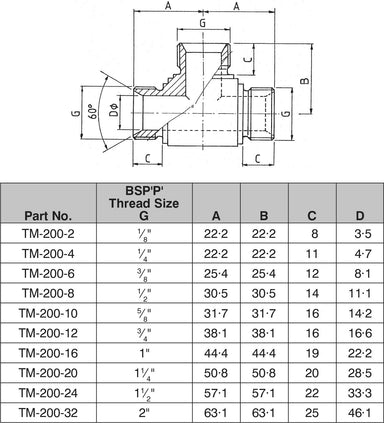 1/4" BSPP CONE SEAT ALL MALE EQUAL TEE-TM-200-04 - Custom Fittings