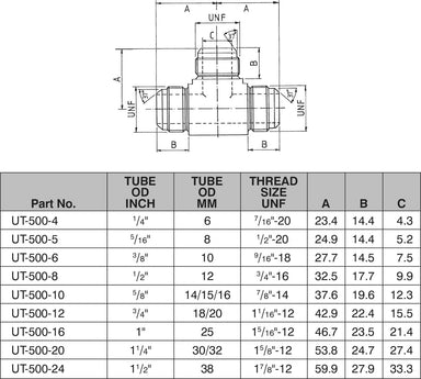 9/16"-18 JIC ALL MALE EQUAL TEE-UT-500-06 - Custom Fittings